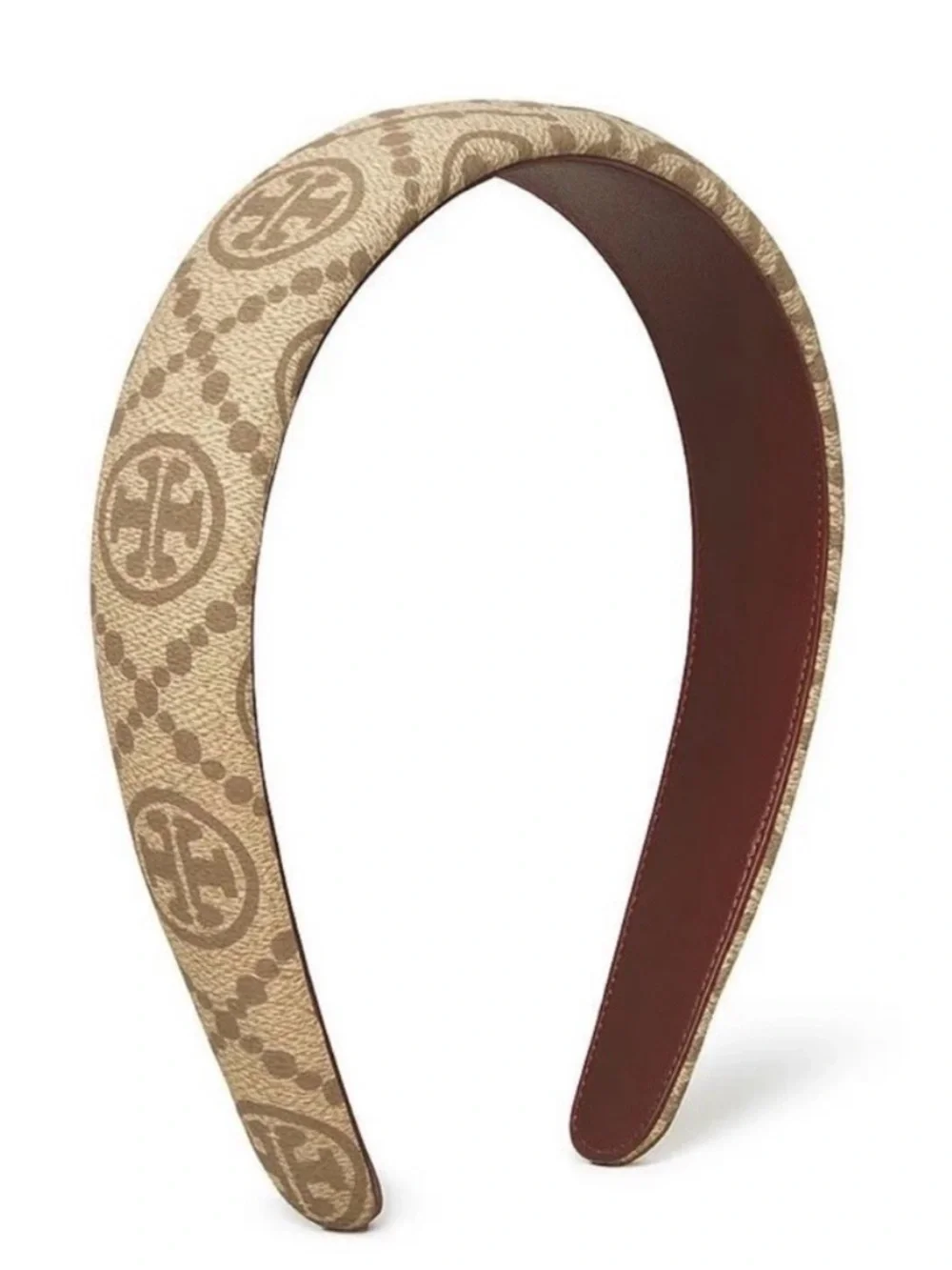Tory Burch Beige Logo Pattern Headband with Brown Leather Lining. New - Picture 1 of 7